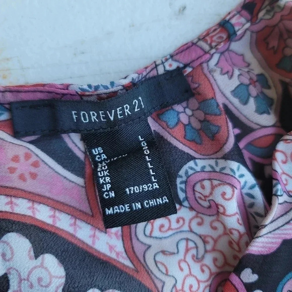 Forever 21 Black Pink Sheer Floral Long Flare Sleeve Mini Dress V-Neck Sz L - Picture 6 of 14